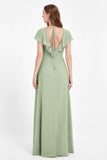 Deep V Neck Chiffon Bridesmaid Dress Flutter Sleeves Formal Evening Dresses Gowns with Slit