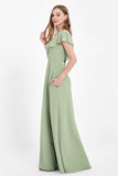 Deep V Neck Chiffon Bridesmaid Dress Flutter Sleeves Formal Evening Dresses Gowns with Slit