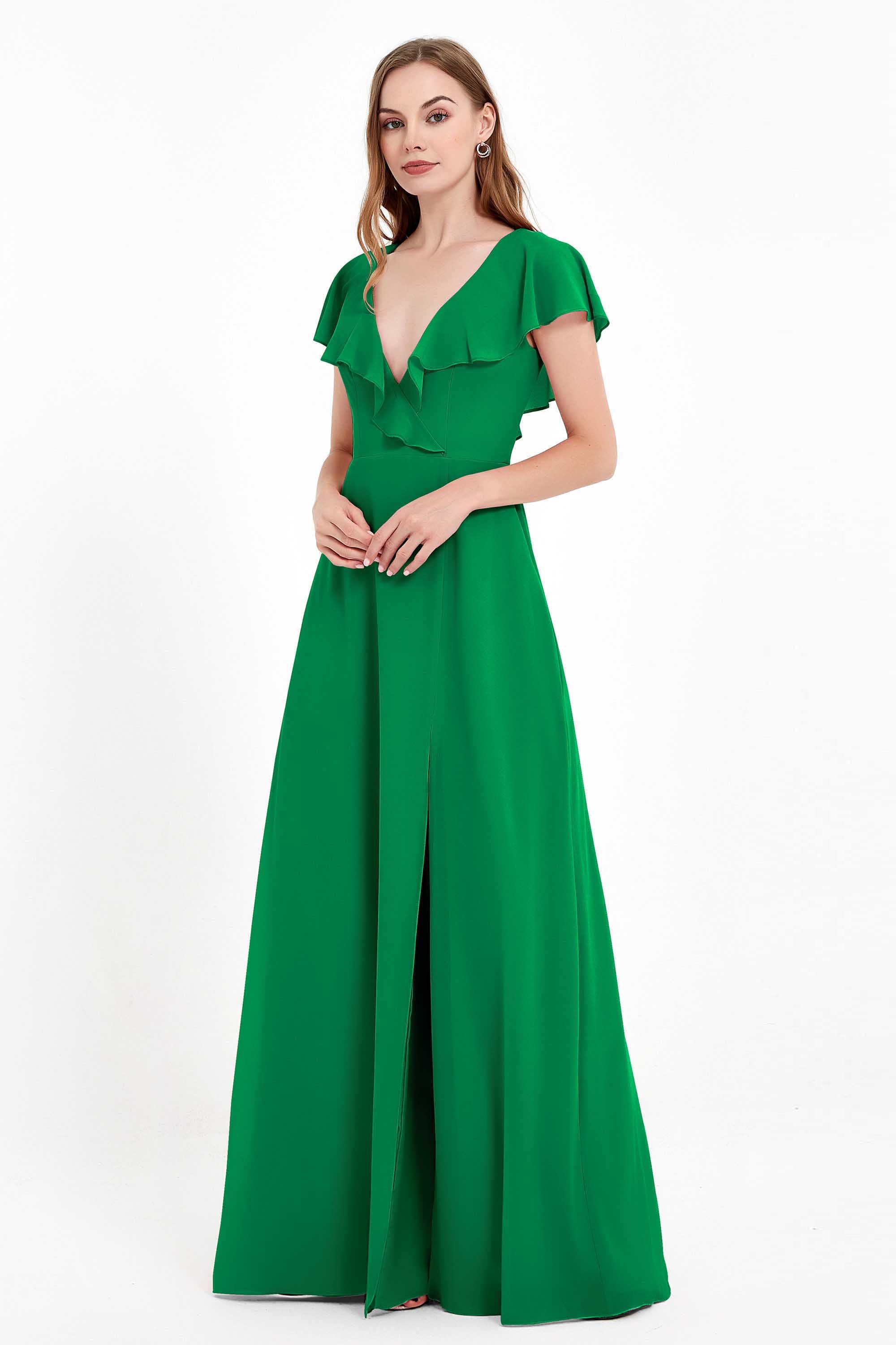 Deep V Neck Chiffon Bridesmaid Dress Flutter Sleeves Formal Evening Dresses Gowns with Slit
