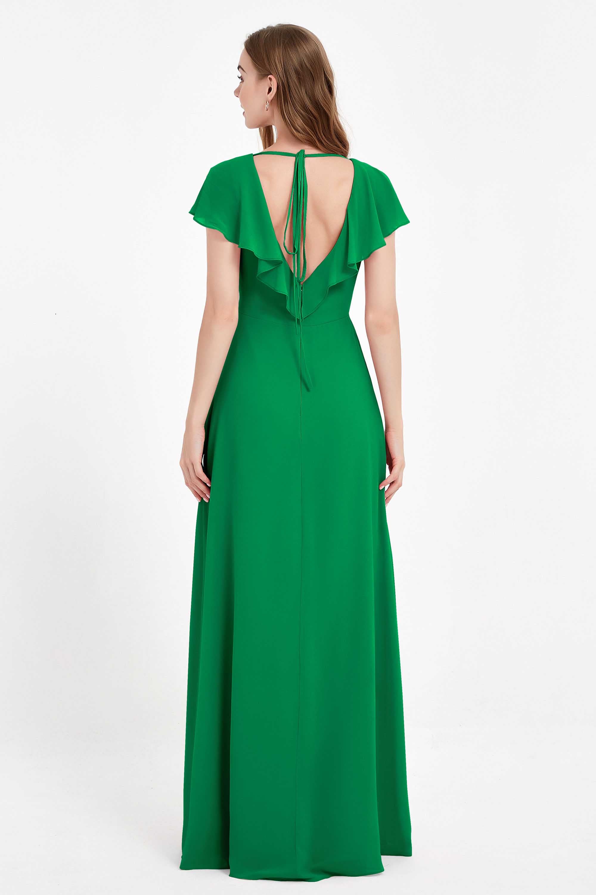 Deep V Neck Chiffon Bridesmaid Dress Flutter Sleeves Formal Evening Dresses Gowns with Slit