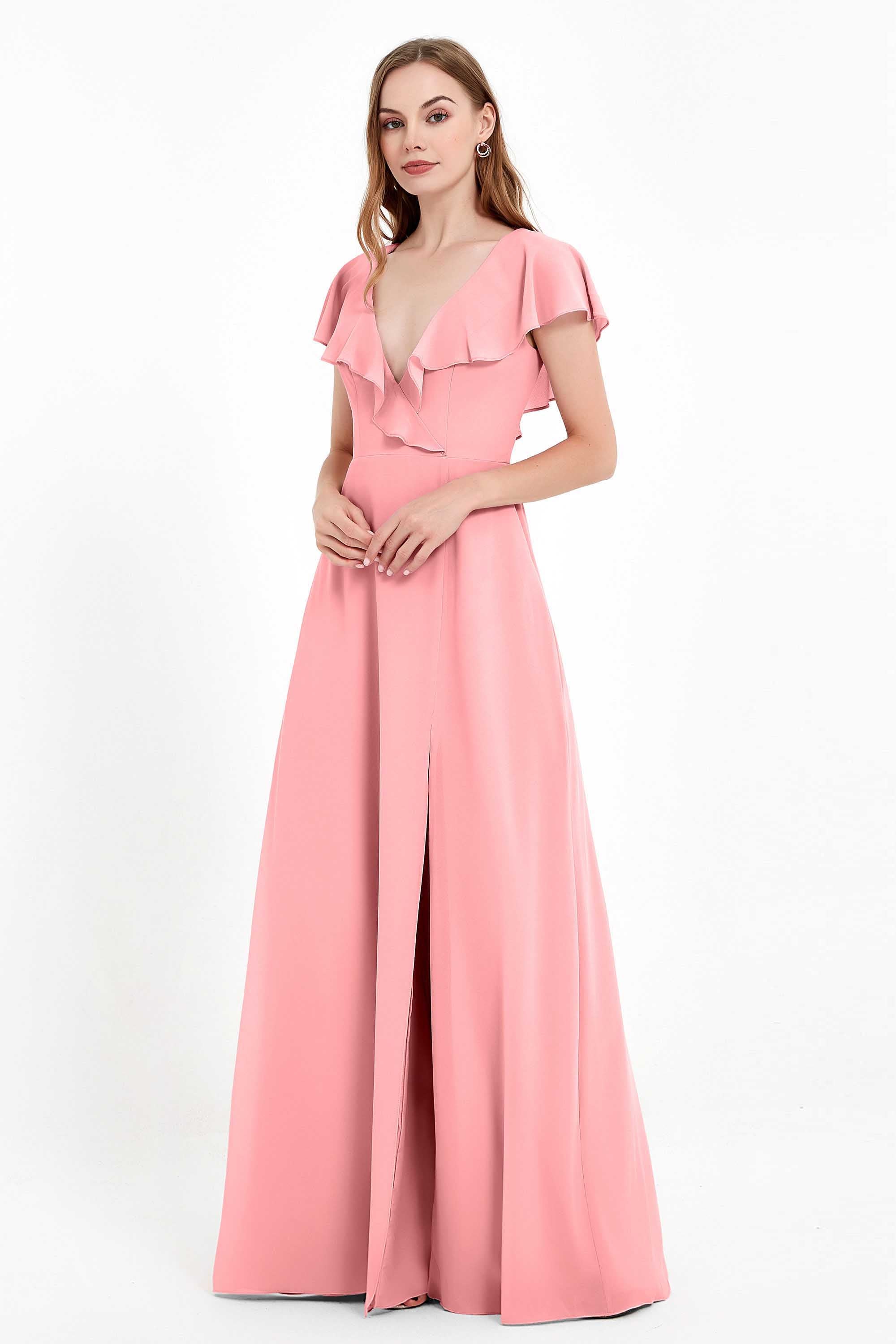 Deep V Neck Chiffon Bridesmaid Dress Flutter Sleeves Formal Evening Dresses Gowns with Slit