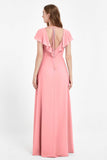 Deep V Neck Chiffon Bridesmaid Dress Flutter Sleeves Formal Evening Dresses Gowns with Slit