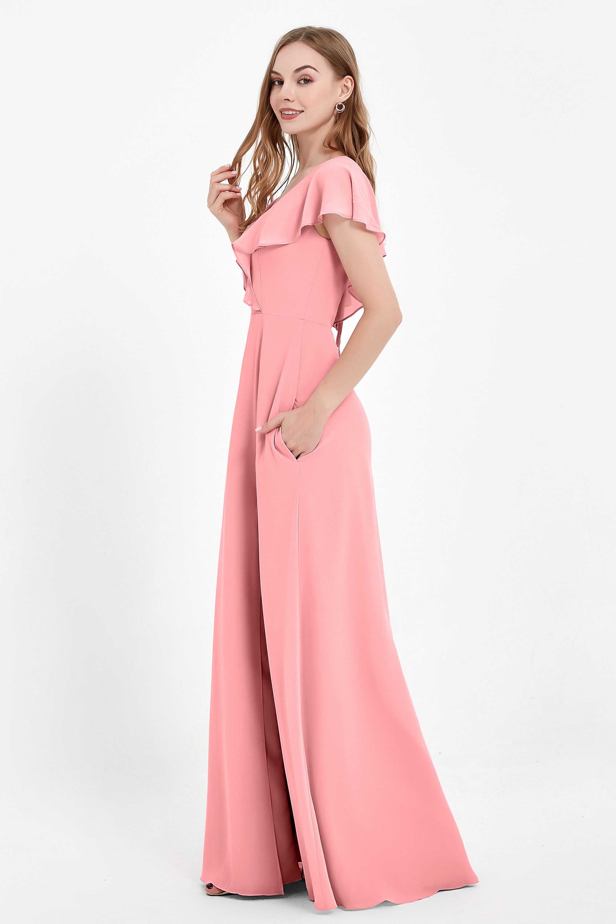 Deep V Neck Chiffon Bridesmaid Dress Flutter Sleeves Formal Evening Dresses Gowns with Slit