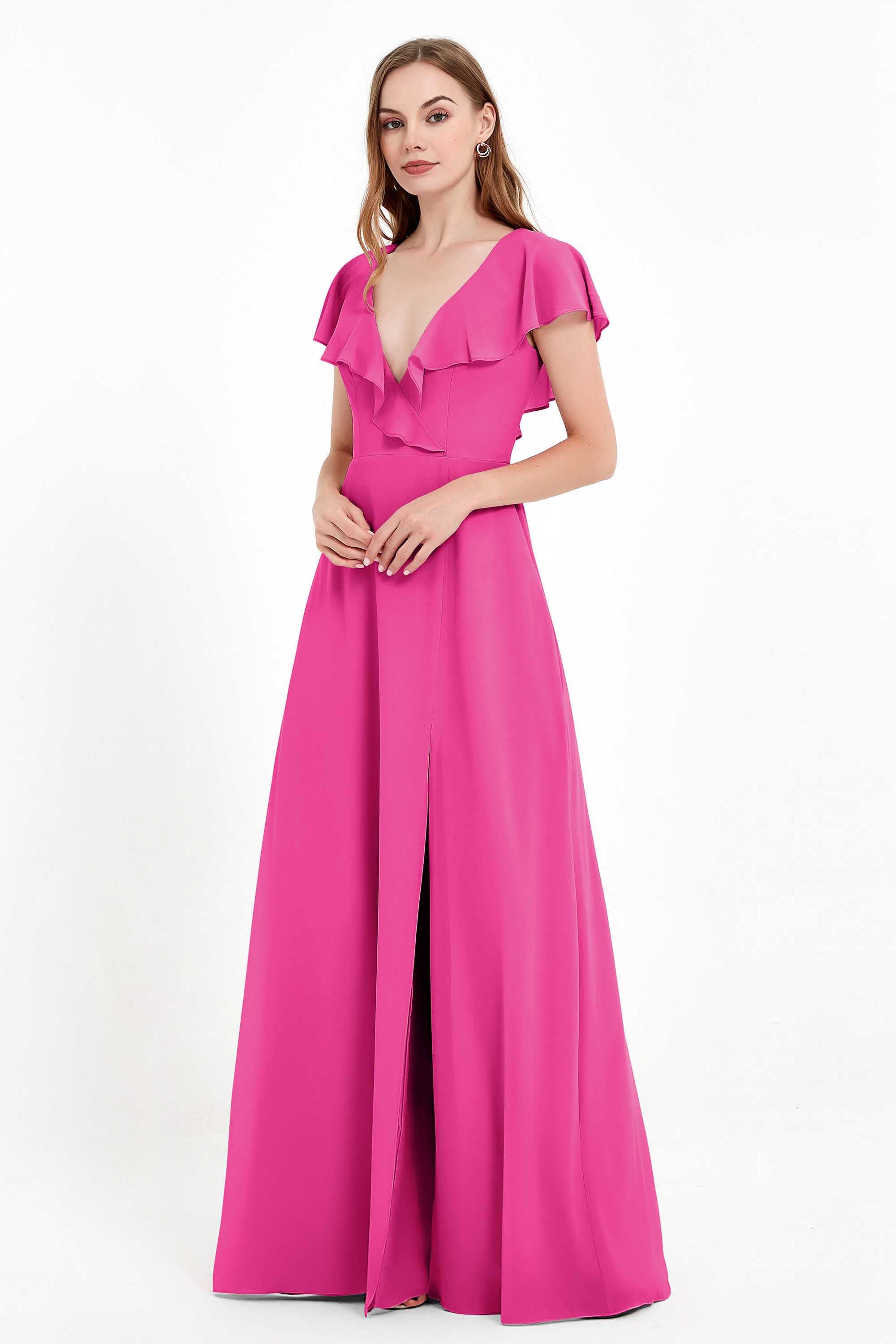 Deep V Neck Chiffon Bridesmaid Dress Flutter Sleeves Formal Evening Dresses Gowns with Slit