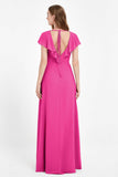 Deep V Neck Chiffon Bridesmaid Dress Flutter Sleeves Formal Evening Dresses Gowns with Slit
