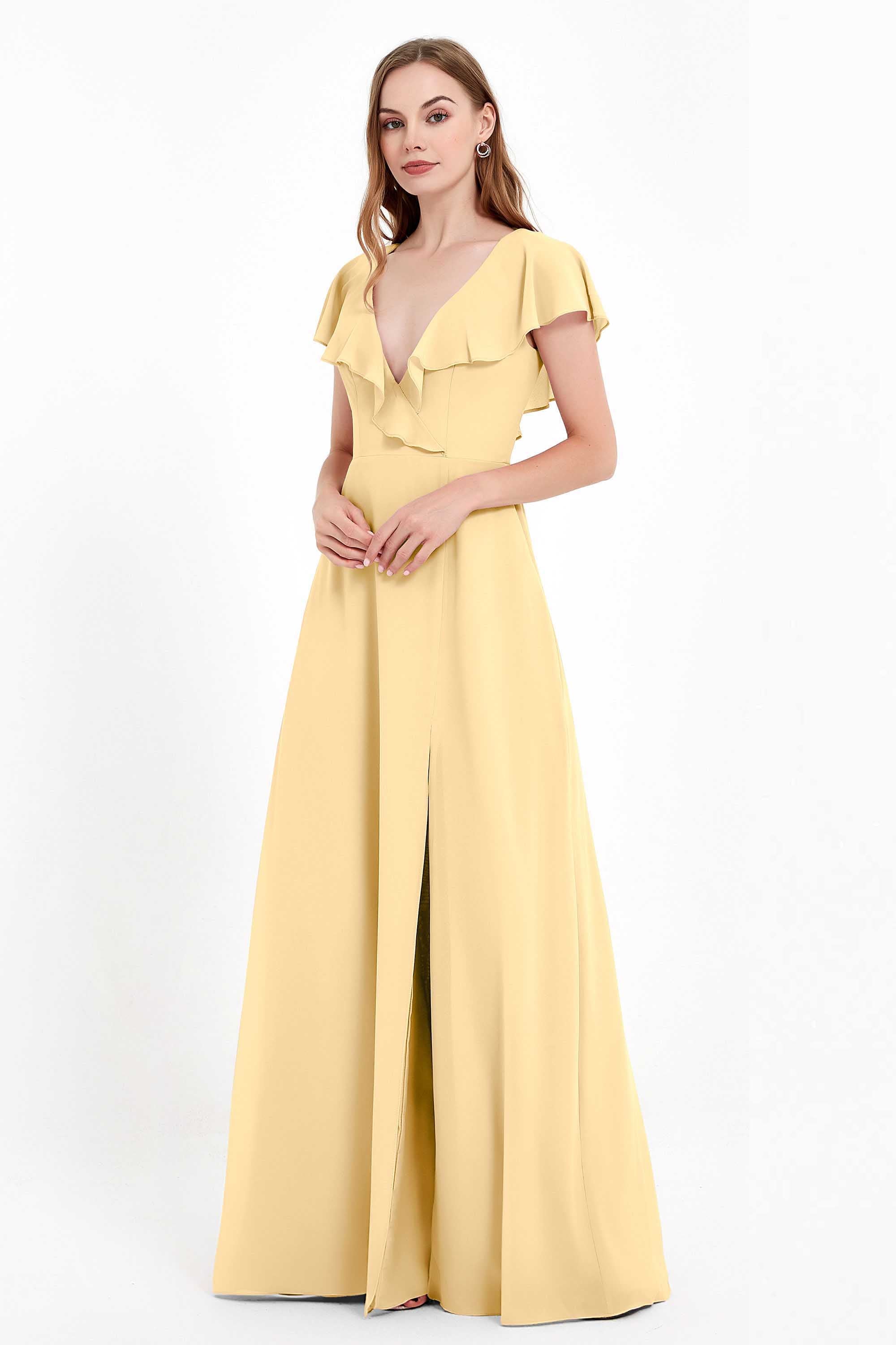 Deep V Neck Chiffon Bridesmaid Dress Flutter Sleeves Formal Evening Dresses Gowns with Slit