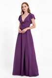Deep V Neck Chiffon Bridesmaid Dress Flutter Sleeves Formal Evening Dresses Gowns with Slit