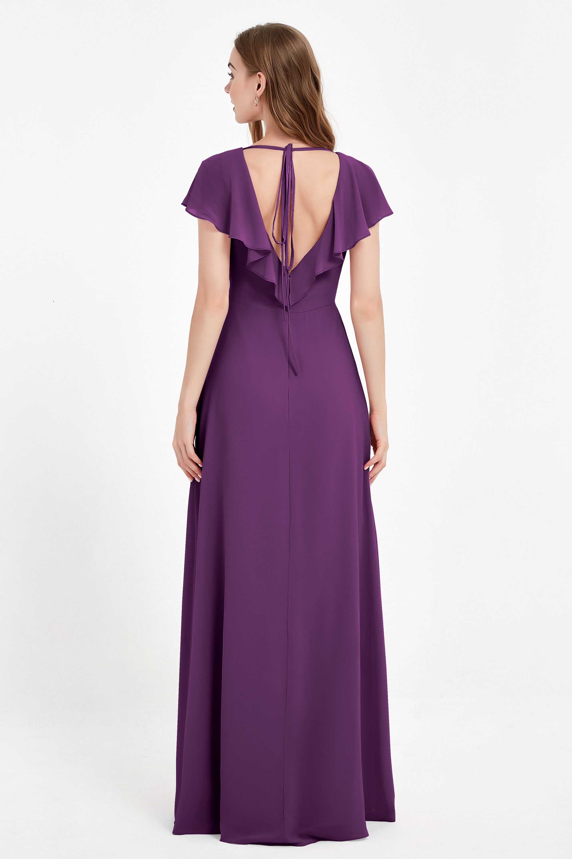 Deep V Neck Chiffon Bridesmaid Dress Flutter Sleeves Formal Evening Dresses Gowns with Slit