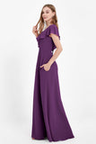 Deep V Neck Chiffon Bridesmaid Dress Flutter Sleeves Formal Evening Dresses Gowns with Slit