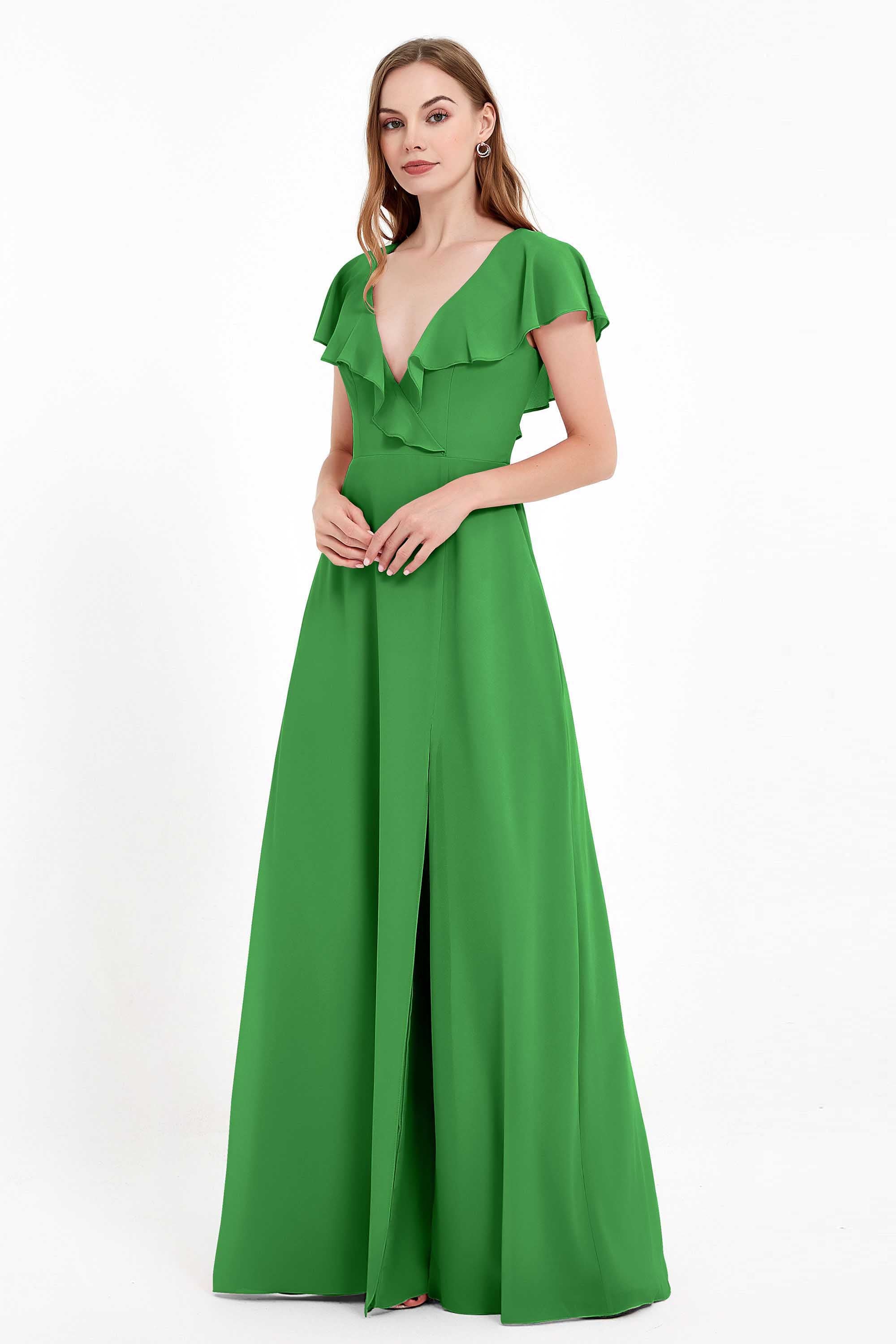 Deep V Neck Chiffon Bridesmaid Dress Flutter Sleeves Formal Evening Dresses Gowns with Slit