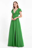 Deep V Neck Chiffon Bridesmaid Dress Flutter Sleeves Formal Evening Dresses Gowns with Slit