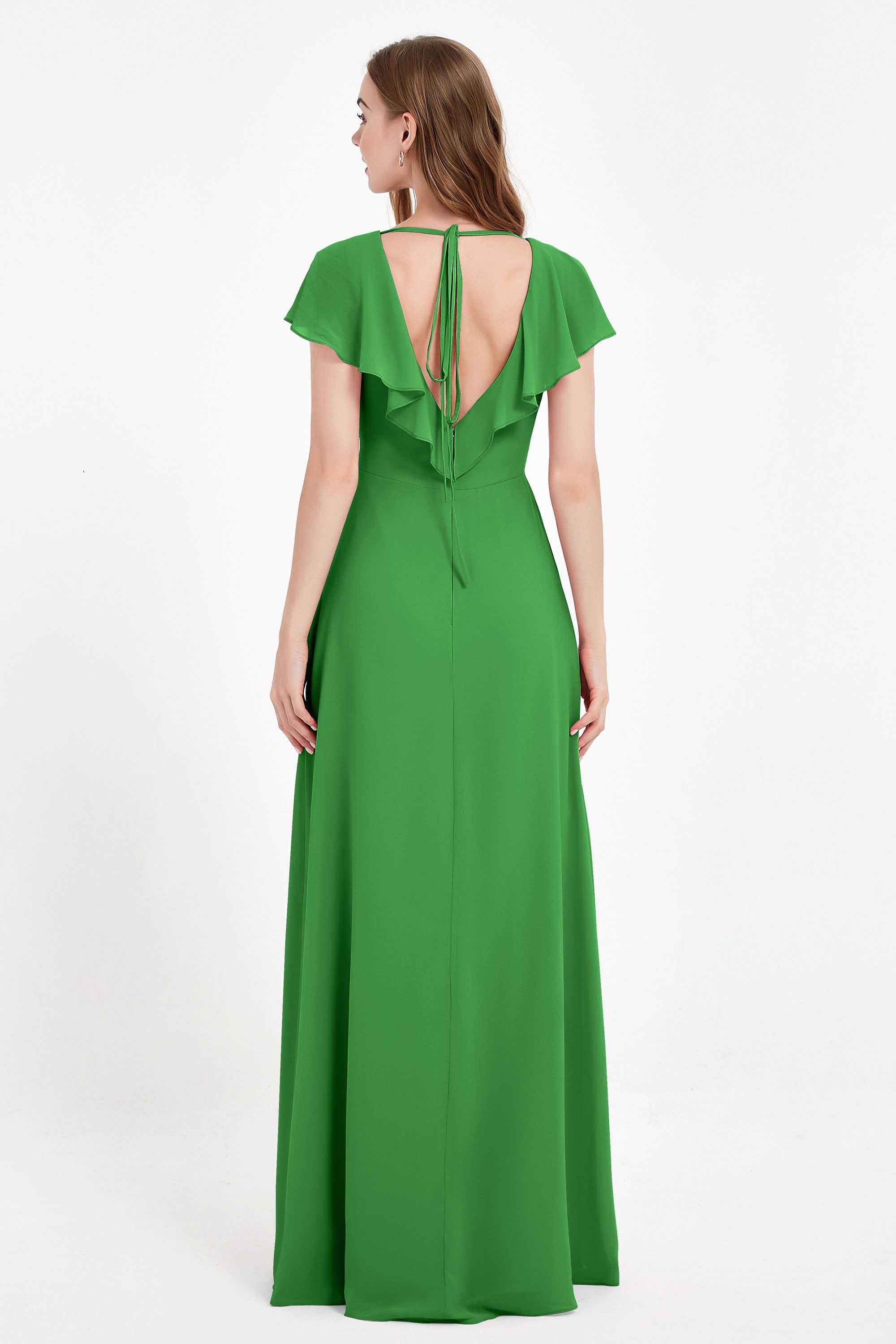 Deep V Neck Chiffon Bridesmaid Dress Flutter Sleeves Formal Evening Dresses Gowns with Slit