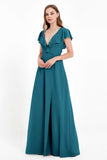 Deep V Neck Chiffon Bridesmaid Dress Flutter Sleeves Formal Evening Dresses Gowns with Slit