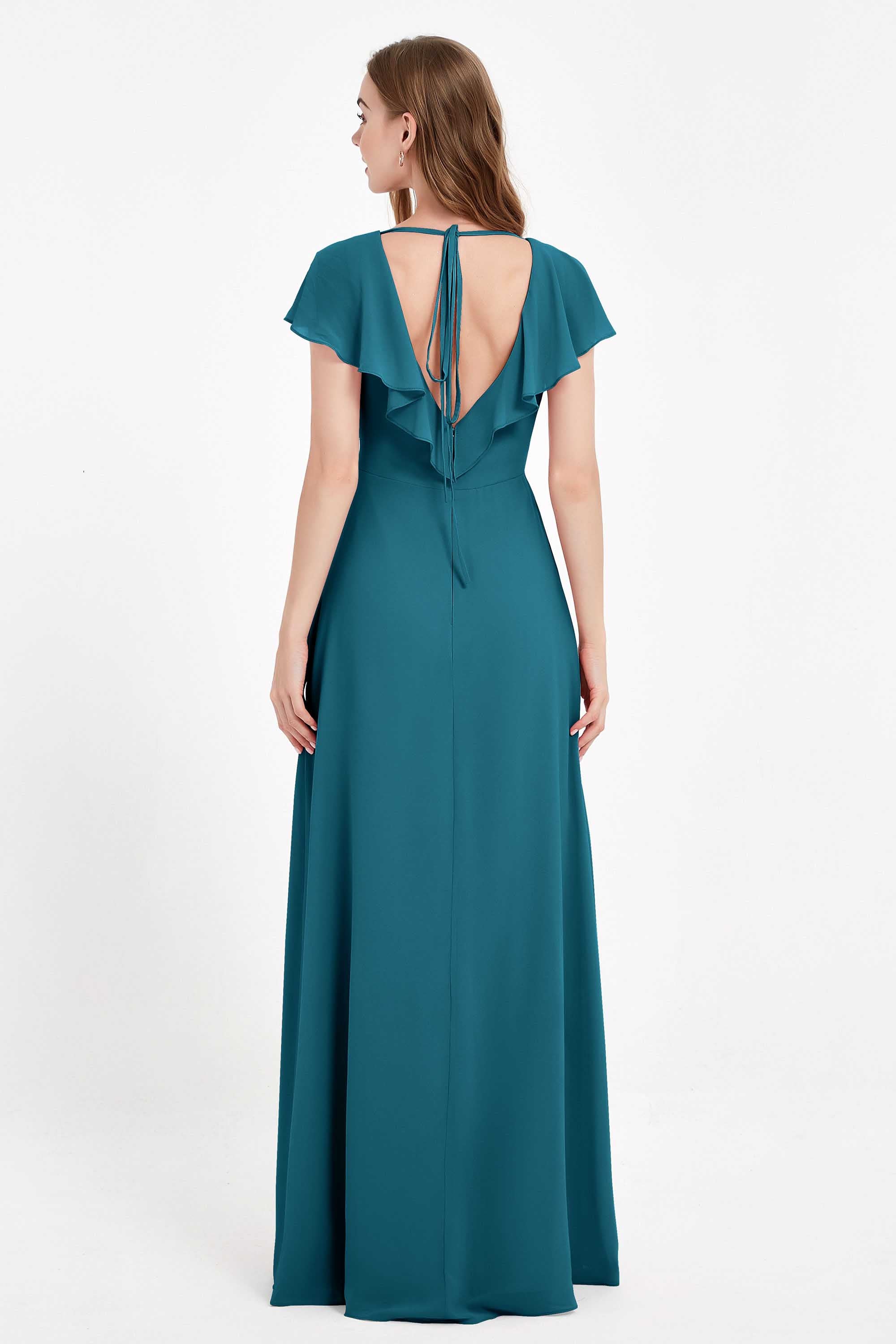 Deep V Neck Chiffon Bridesmaid Dress Flutter Sleeves Formal Evening Dresses Gowns with Slit