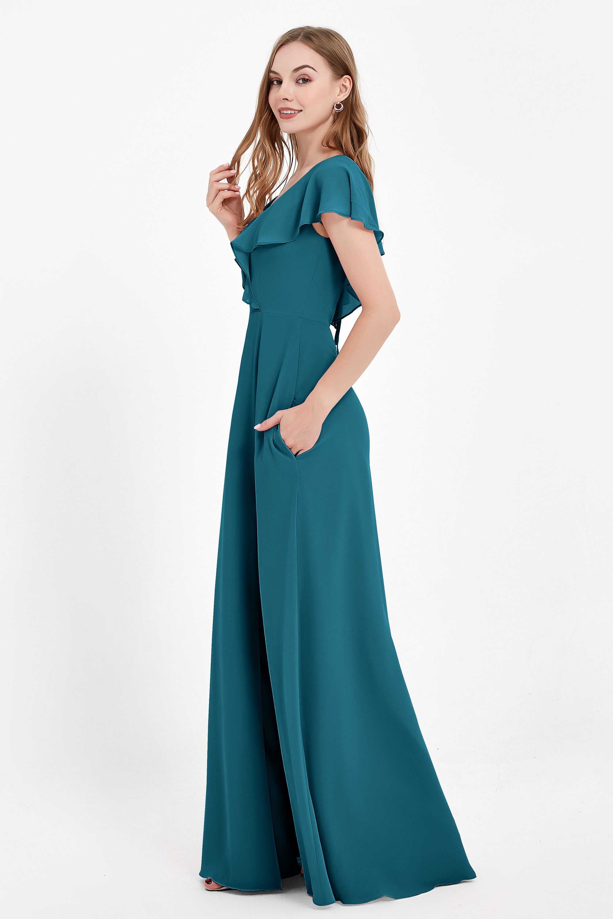 Deep V Neck Chiffon Bridesmaid Dress Flutter Sleeves Formal Evening Dresses Gowns with Slit