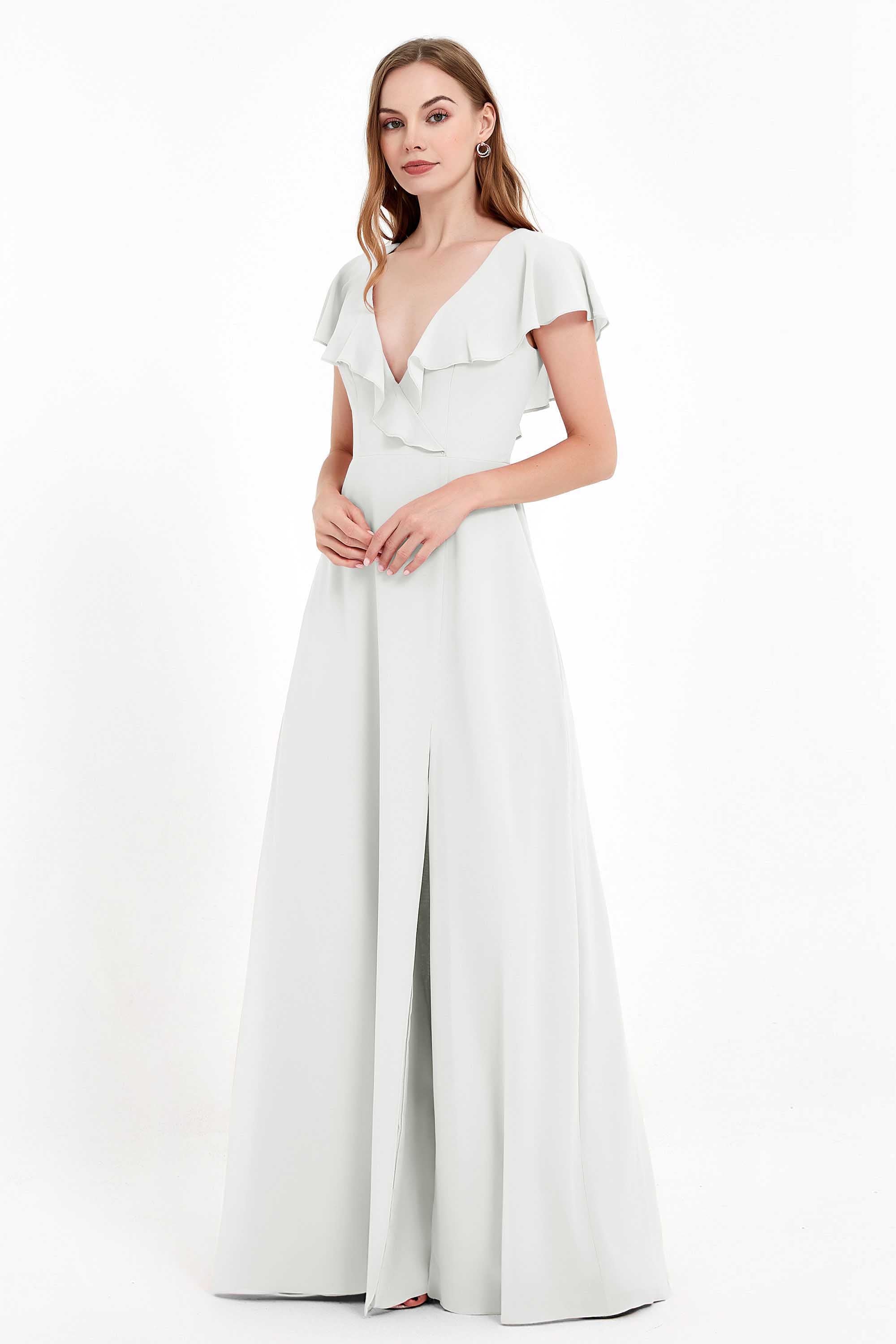 Deep V Neck Chiffon Bridesmaid Dress Flutter Sleeves Formal Evening Dresses Gowns with Slit
