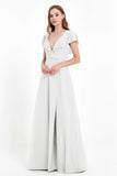 Deep V Neck Chiffon Bridesmaid Dress Flutter Sleeves Formal Evening Dresses Gowns with Slit