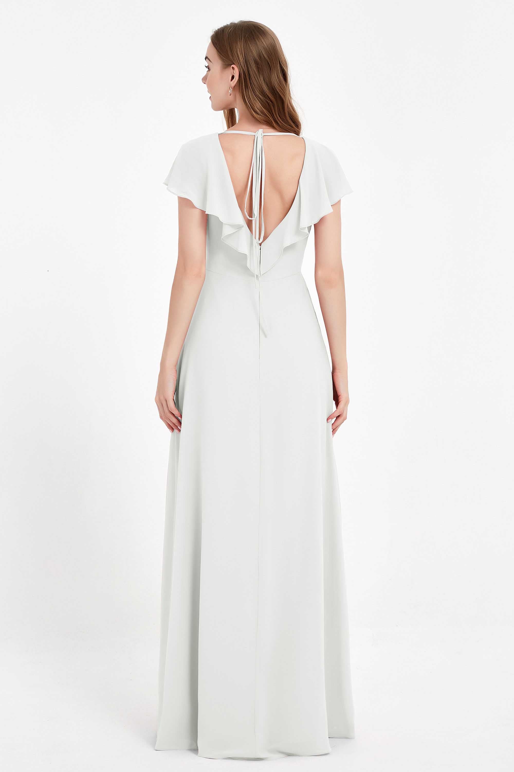 Deep V Neck Chiffon Bridesmaid Dress Flutter Sleeves Formal Evening Dresses Gowns with Slit
