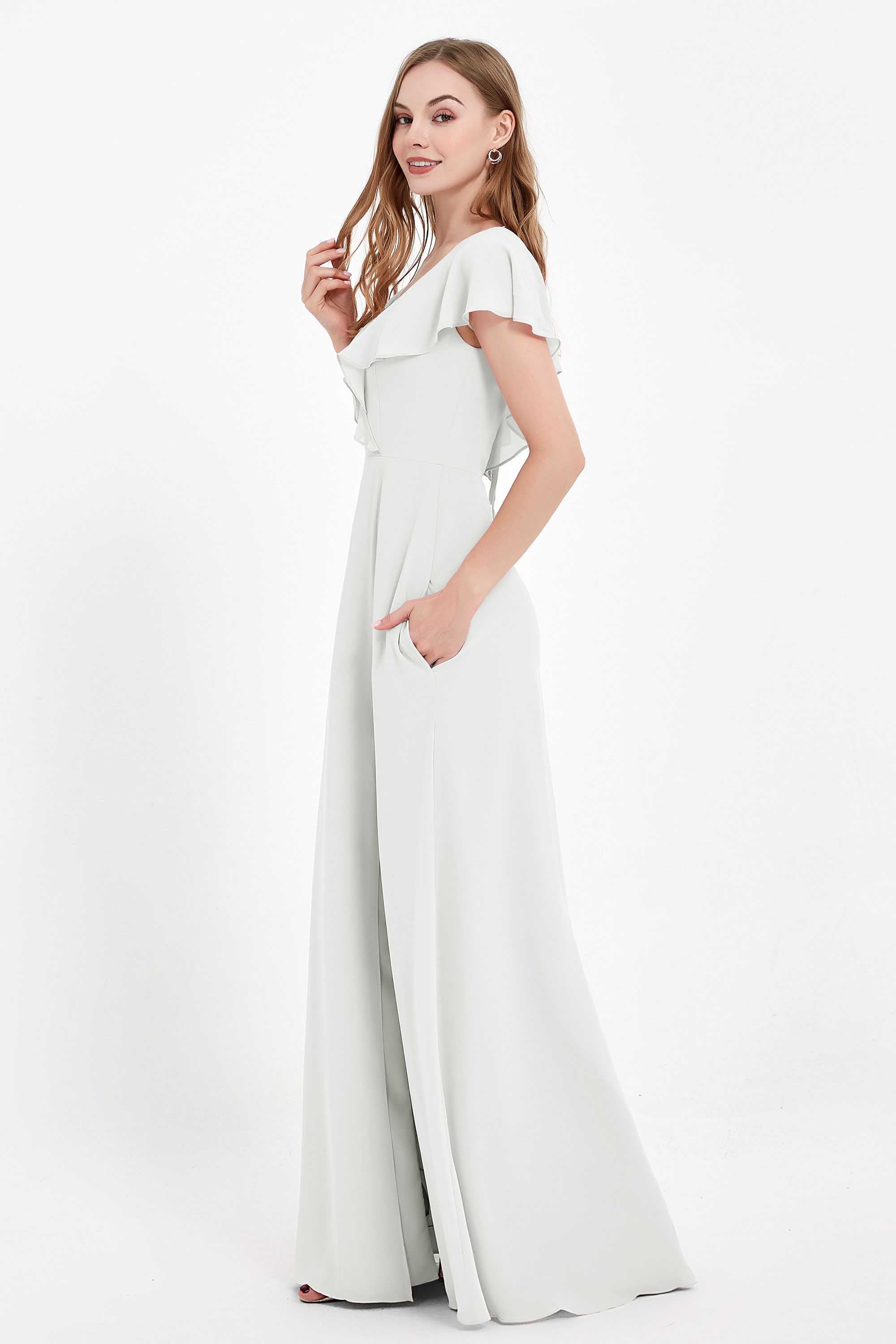 Deep V Neck Chiffon Bridesmaid Dress Flutter Sleeves Formal Evening Dresses Gowns with Slit