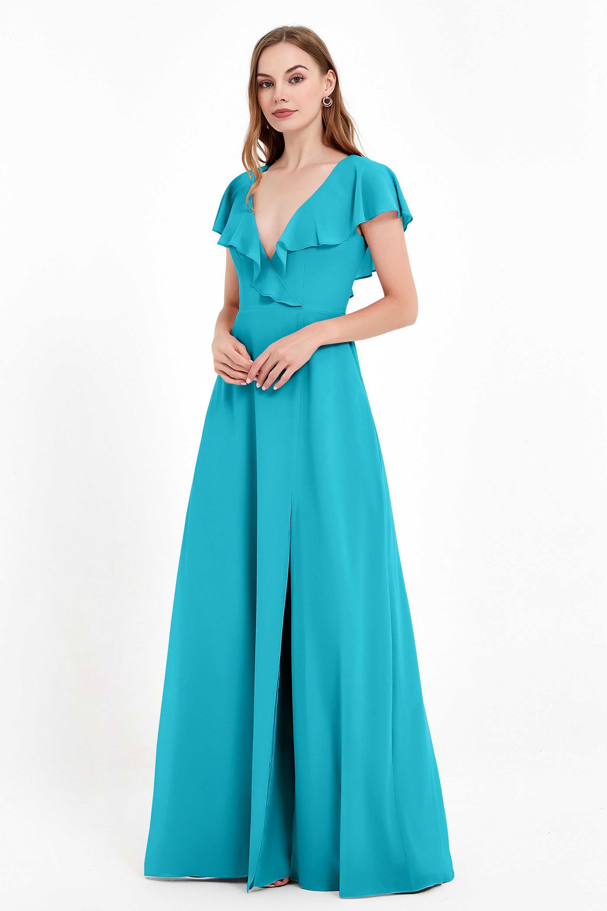 Deep V Neck Chiffon Bridesmaid Dress Flutter Sleeves Formal Evening Dresses Gowns with Slit
