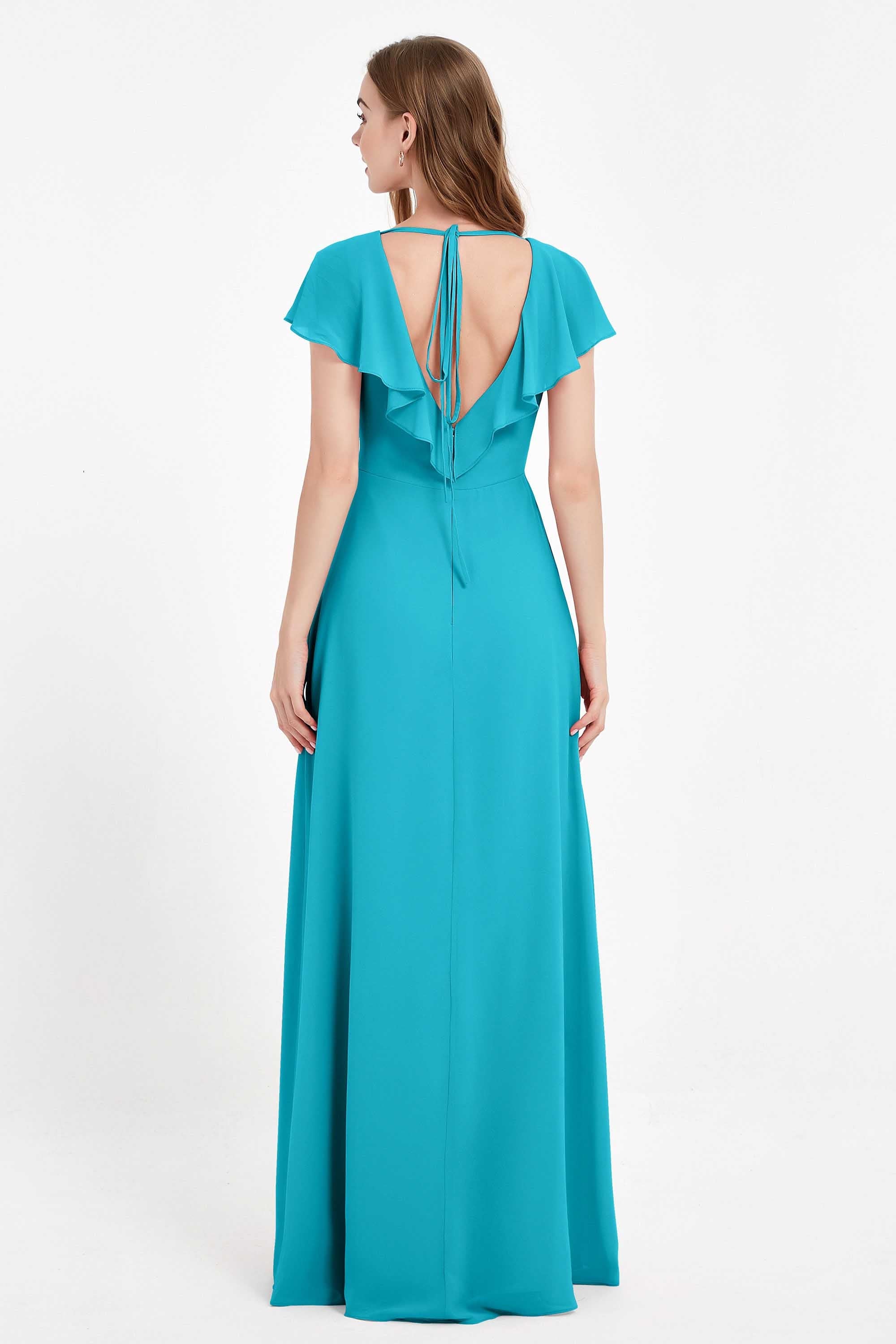 Deep V Neck Chiffon Bridesmaid Dress Flutter Sleeves Formal Evening Dresses Gowns with Slit