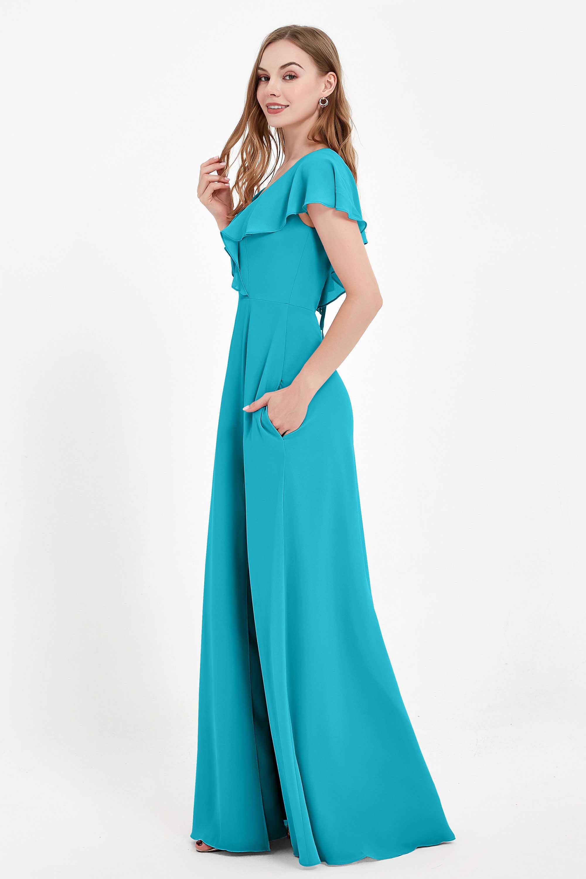 Deep V Neck Chiffon Bridesmaid Dress Flutter Sleeves Formal Evening Dresses Gowns with Slit