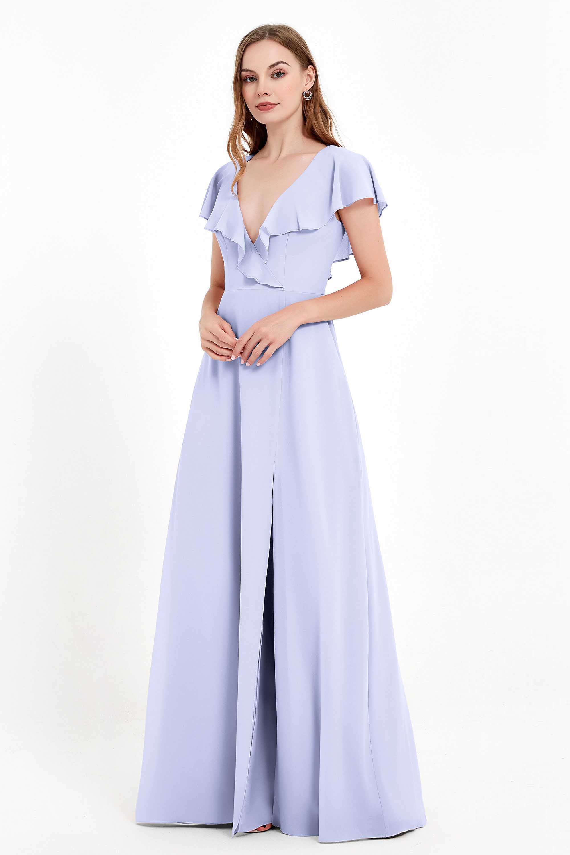 Deep V Neck Chiffon Bridesmaid Dress Flutter Sleeves Formal Evening Dresses Gowns with Slit