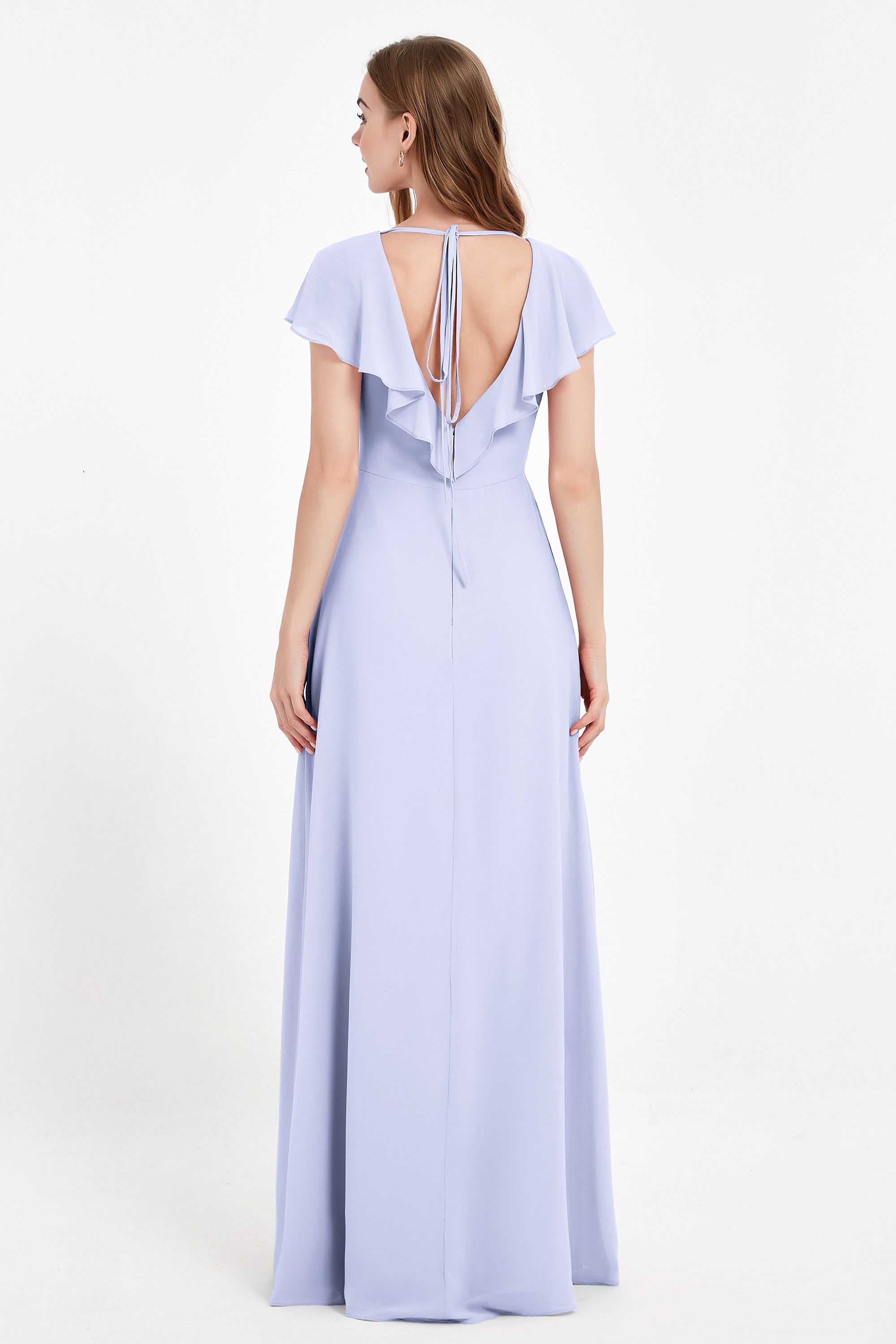 Deep V Neck Chiffon Bridesmaid Dress Flutter Sleeves Formal Evening Dresses Gowns with Slit