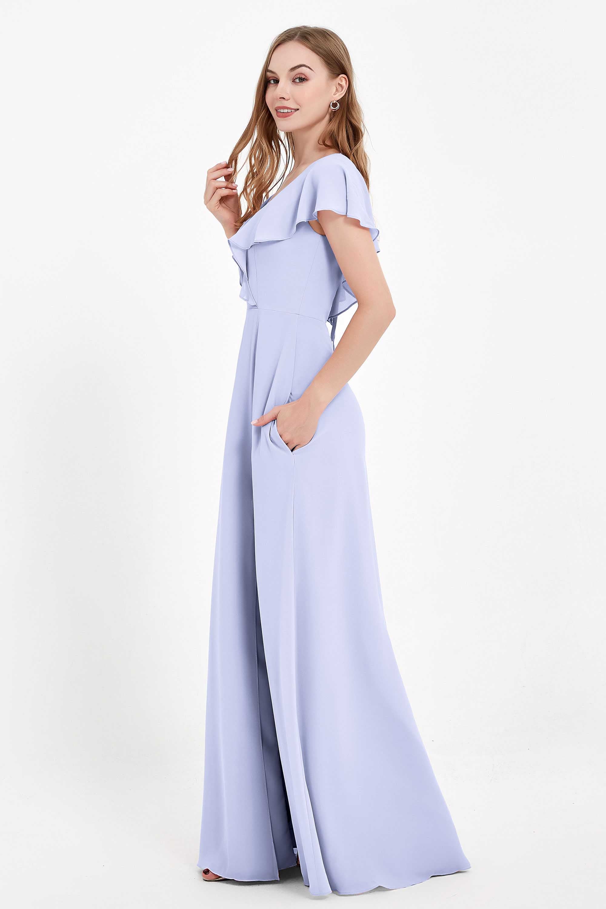 Deep V Neck Chiffon Bridesmaid Dress Flutter Sleeves Formal Evening Dresses Gowns with Slit