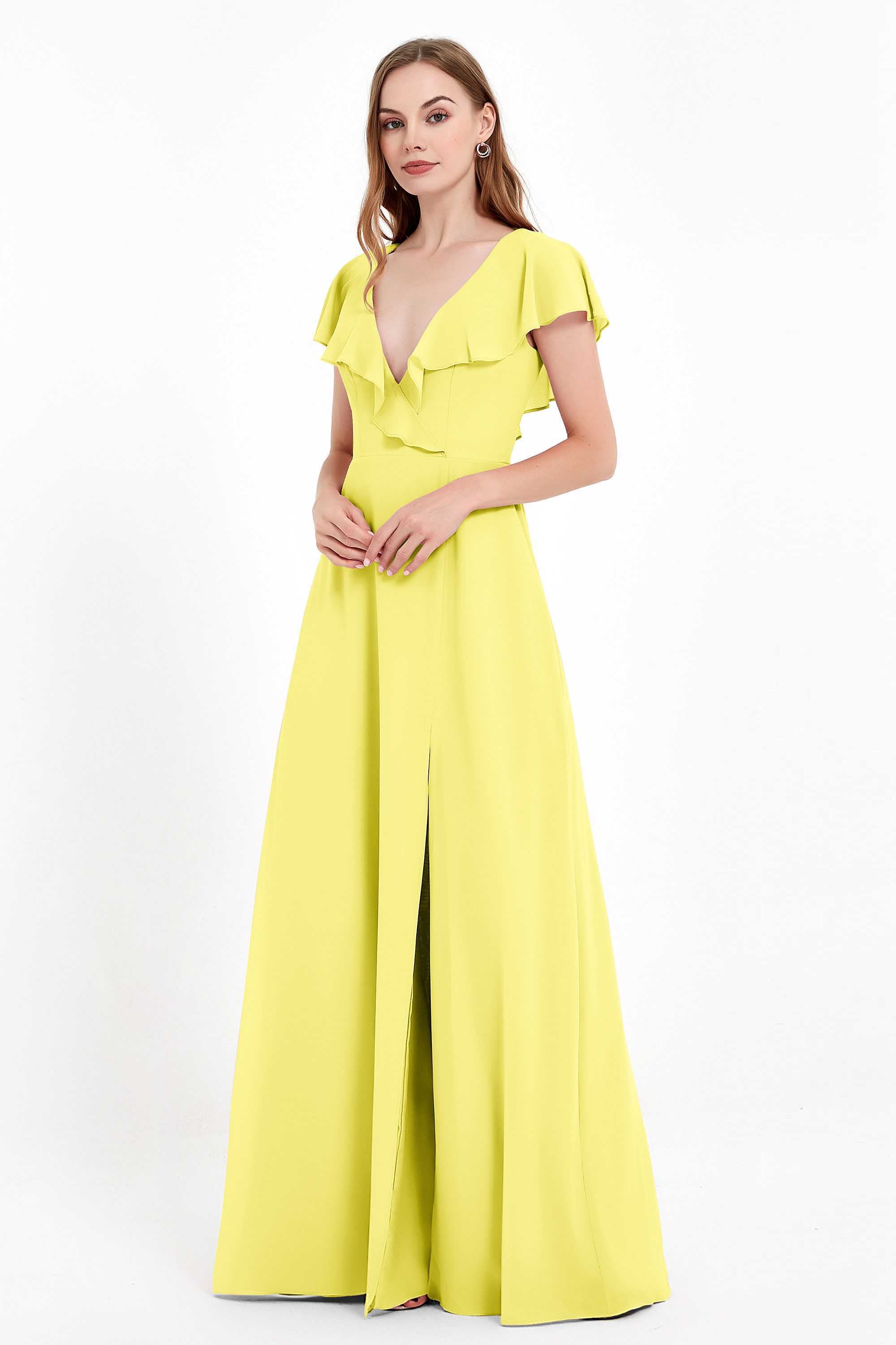 Deep V Neck Chiffon Bridesmaid Dress Flutter Sleeves Formal Evening Dresses Gowns with Slit