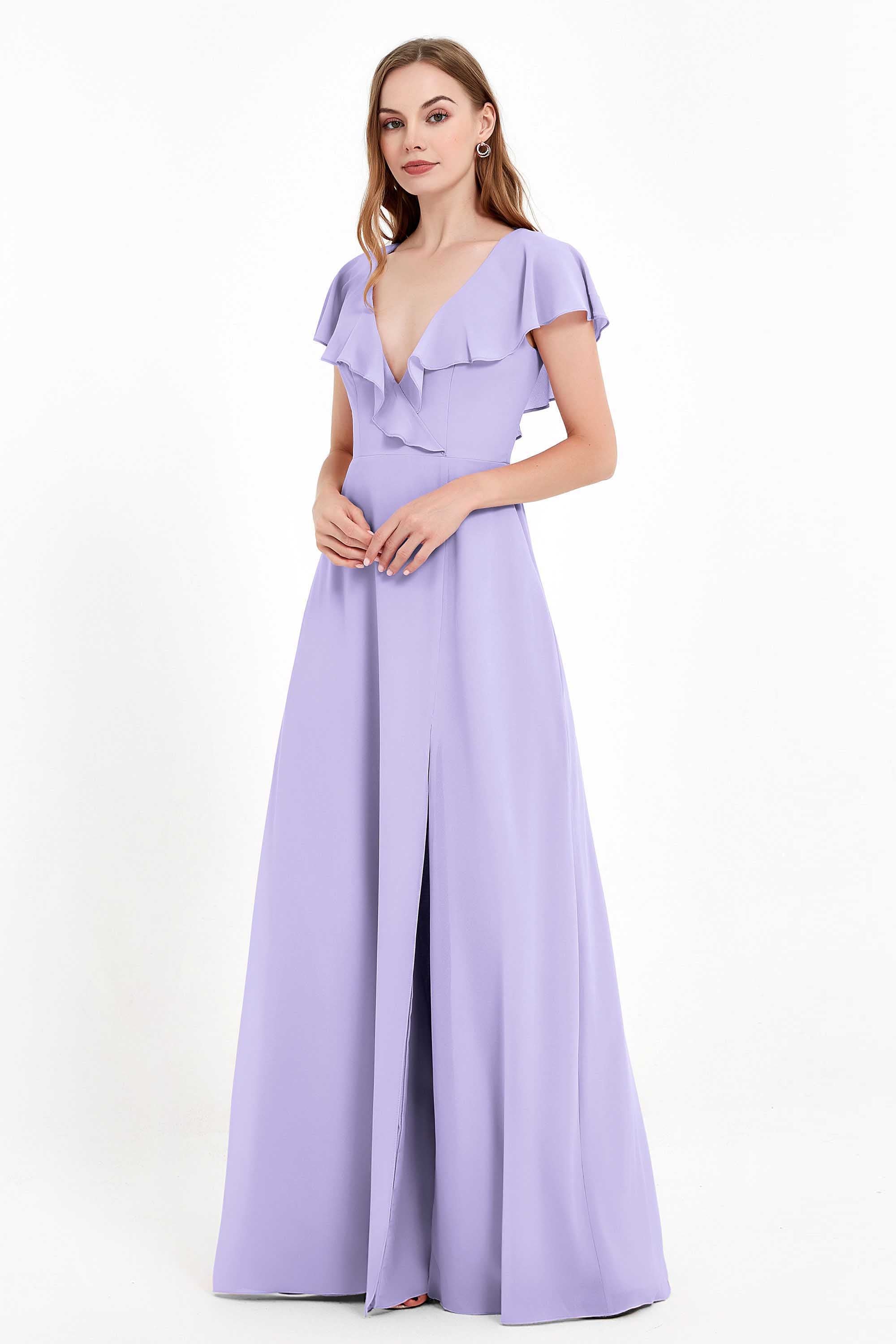 Deep V Neck Chiffon Bridesmaid Dress Flutter Sleeves Formal Evening Dresses Gowns with Slit