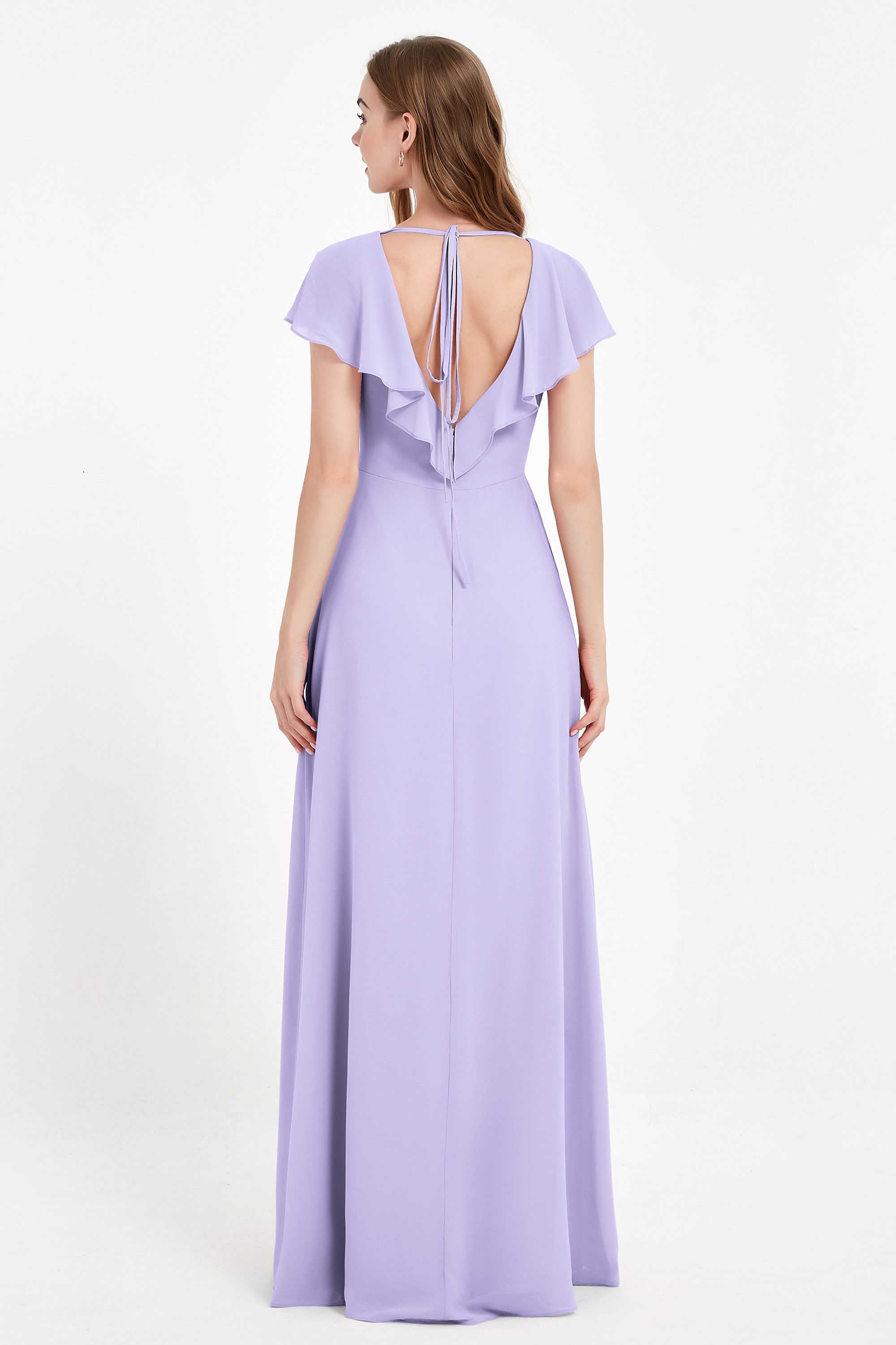 Deep V Neck Chiffon Bridesmaid Dress Flutter Sleeves Formal Evening Dresses Gowns with Slit