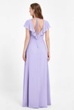 Deep V Neck Chiffon Bridesmaid Dress Flutter Sleeves Formal Evening Dresses Gowns with Slit