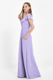 Deep V Neck Chiffon Bridesmaid Dress Flutter Sleeves Formal Evening Dresses Gowns with Slit