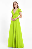 Deep V Neck Chiffon Bridesmaid Dress Flutter Sleeves Formal Evening Dresses Gowns with Slit