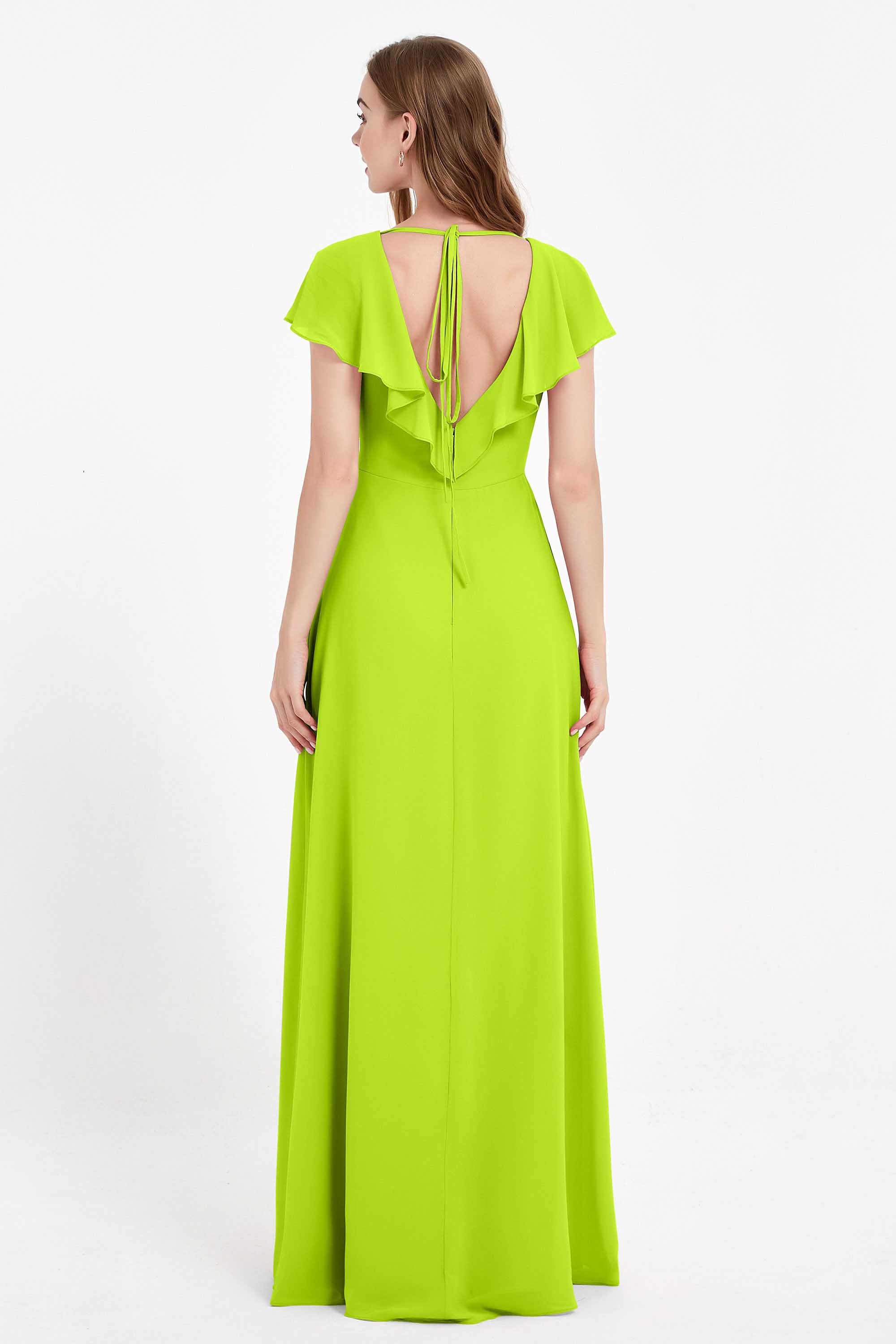 Deep V Neck Chiffon Bridesmaid Dress Flutter Sleeves Formal Evening Dresses Gowns with Slit