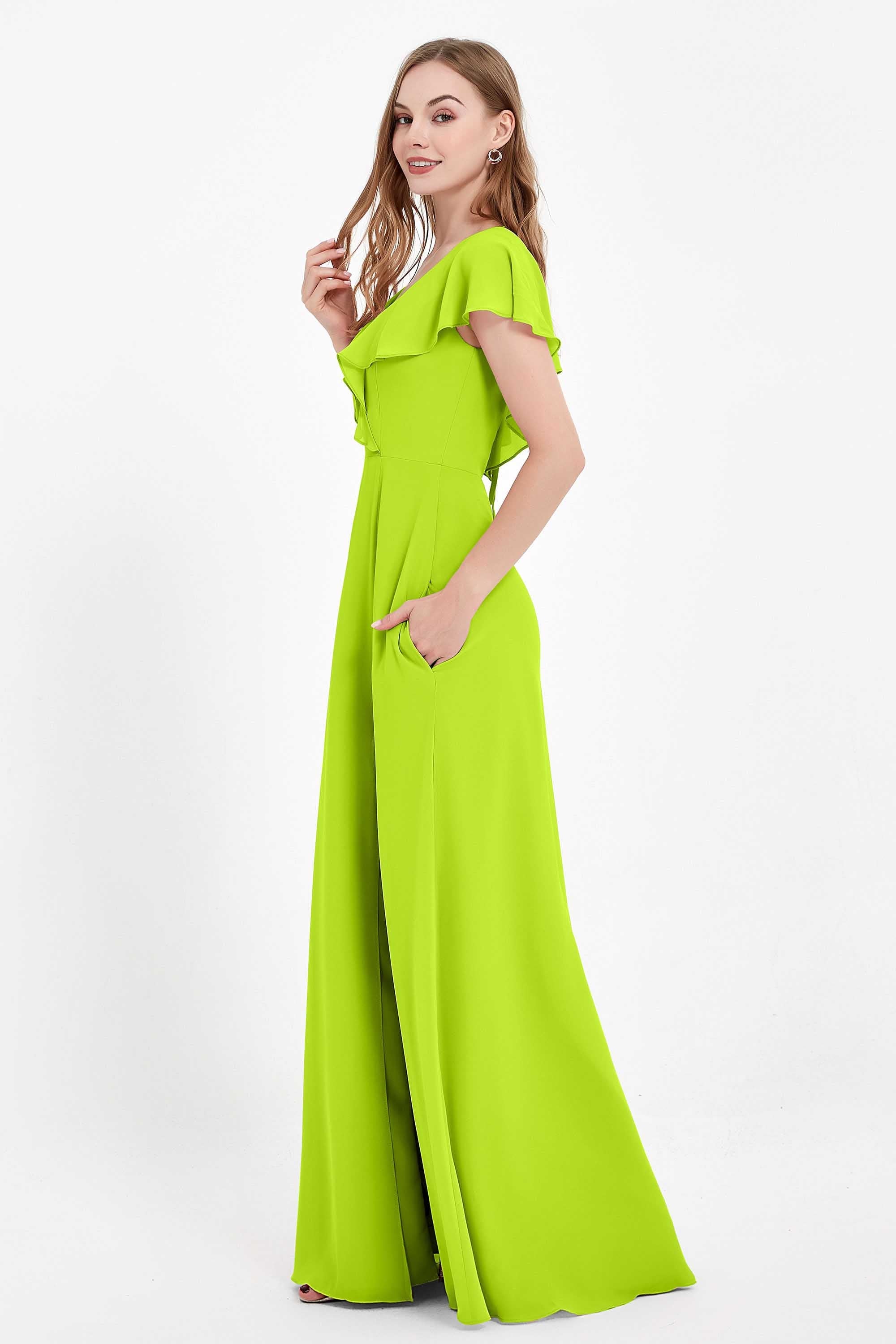 Deep V Neck Chiffon Bridesmaid Dress Flutter Sleeves Formal Evening Dresses Gowns with Slit