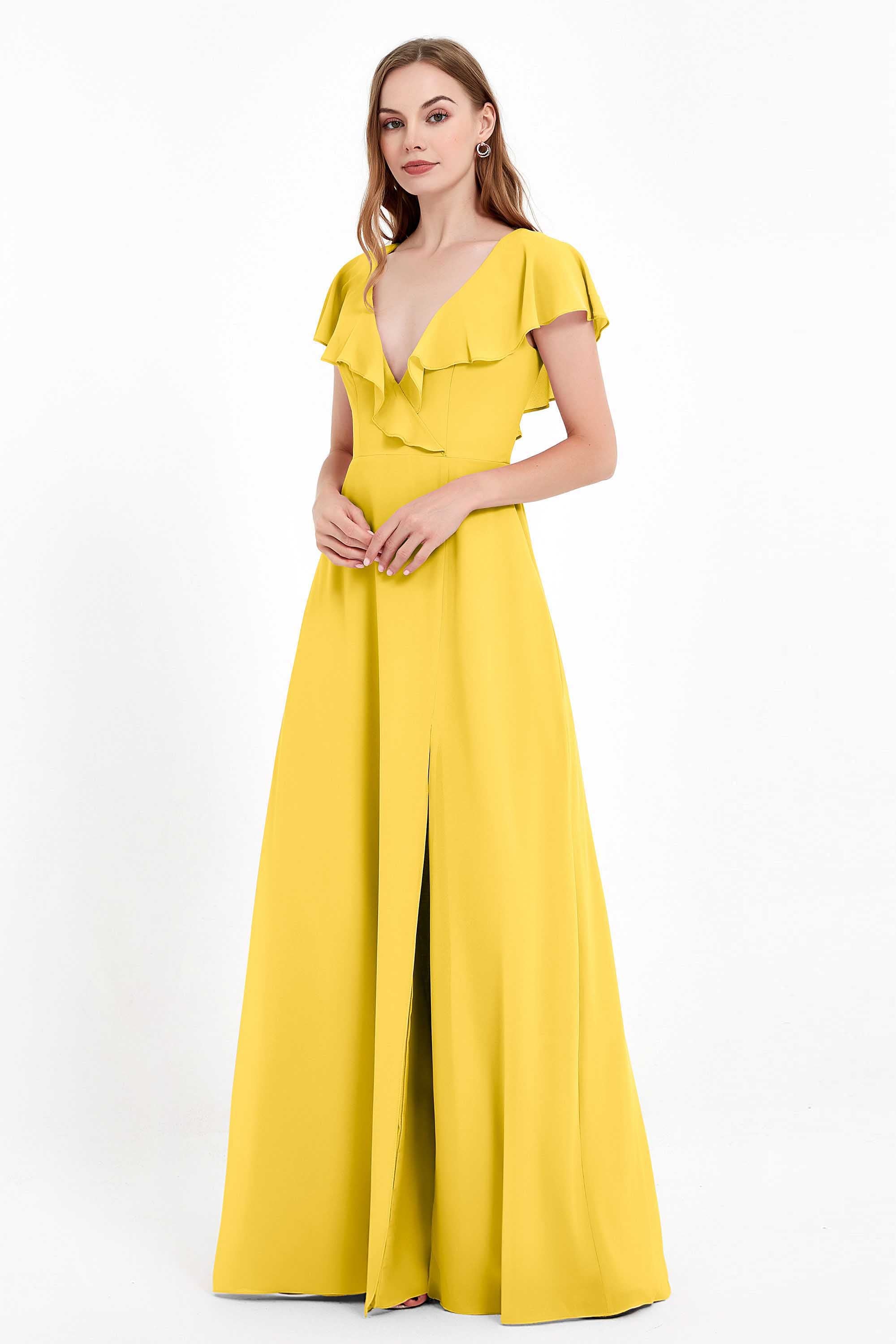 Deep V Neck Chiffon Bridesmaid Dress Flutter Sleeves Formal Evening Dresses Gowns with Slit