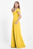 Deep V Neck Chiffon Bridesmaid Dress Flutter Sleeves Formal Evening Dresses Gowns with Slit