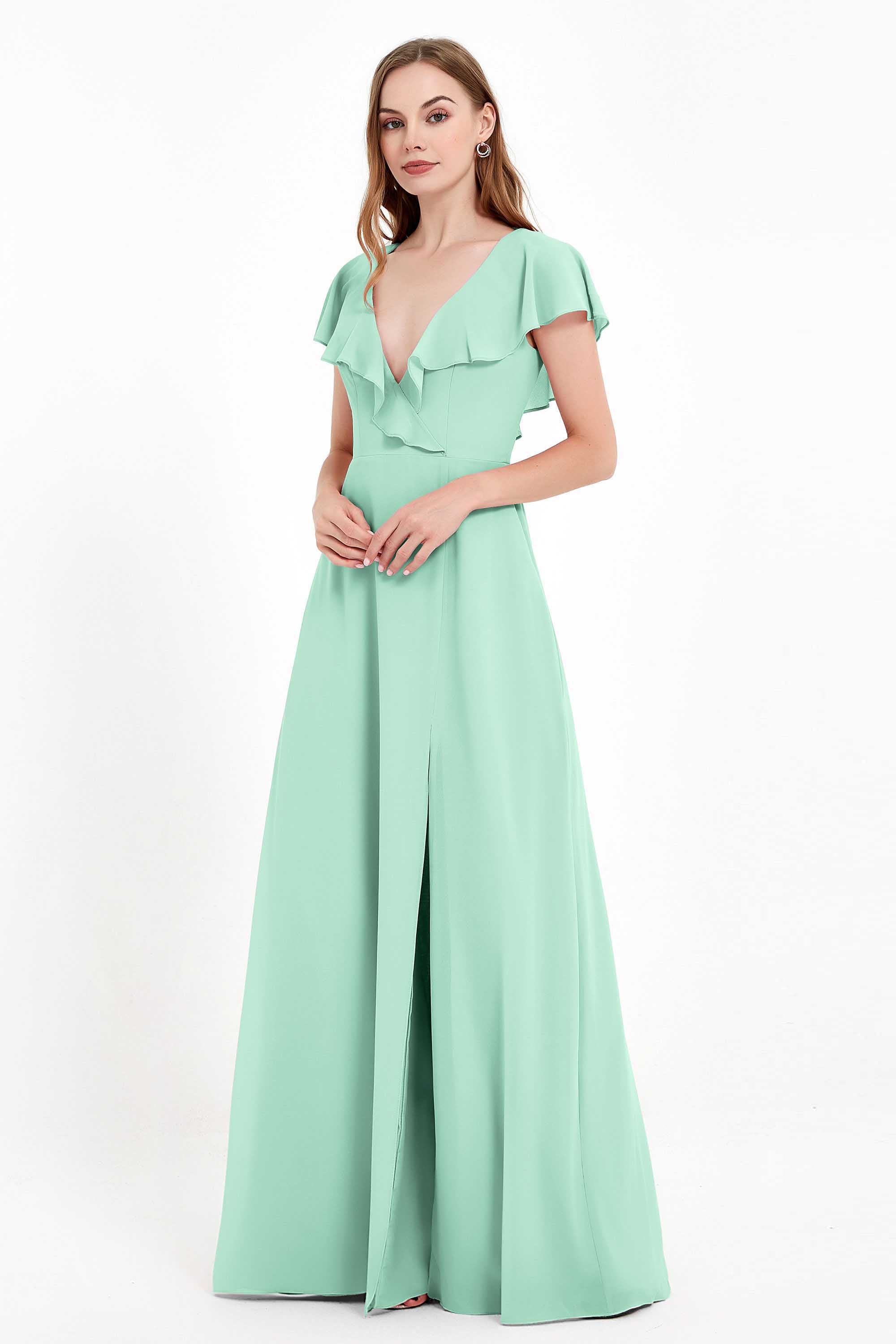 Deep V Neck Chiffon Bridesmaid Dress Flutter Sleeves Formal Evening Dresses Gowns with Slit
