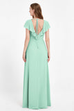 Deep V Neck Chiffon Bridesmaid Dress Flutter Sleeves Formal Evening Dresses Gowns with Slit