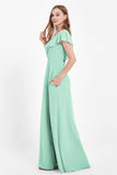 Deep V Neck Chiffon Bridesmaid Dress Flutter Sleeves Formal Evening Dresses Gowns with Slit