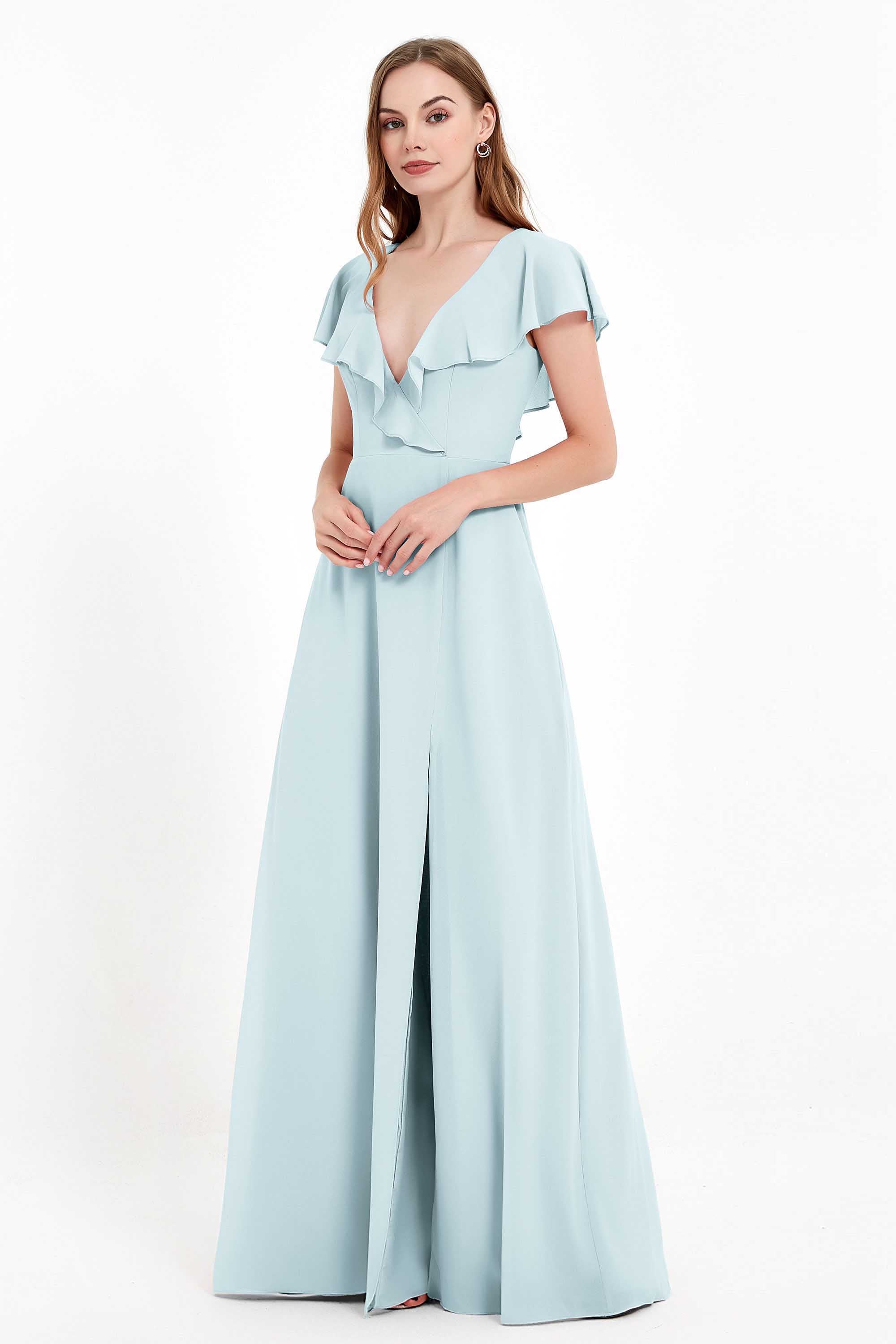 Deep V Neck Chiffon Bridesmaid Dress Flutter Sleeves Formal Evening Dresses Gowns with Slit