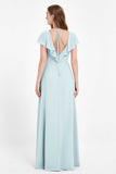 Deep V Neck Chiffon Bridesmaid Dress Flutter Sleeves Formal Evening Dresses Gowns with Slit