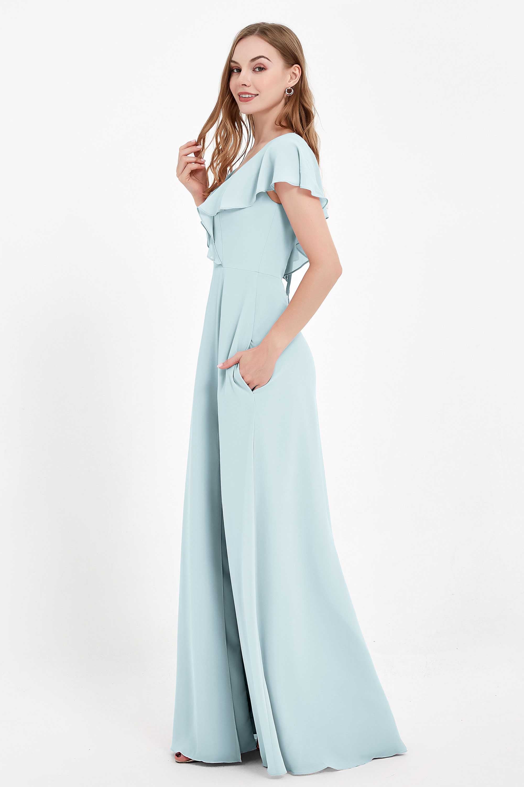 Deep V Neck Chiffon Bridesmaid Dress Flutter Sleeves Formal Evening Dresses Gowns with Slit
