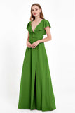 Deep V Neck Chiffon Bridesmaid Dress Flutter Sleeves Formal Evening Dresses Gowns with Slit