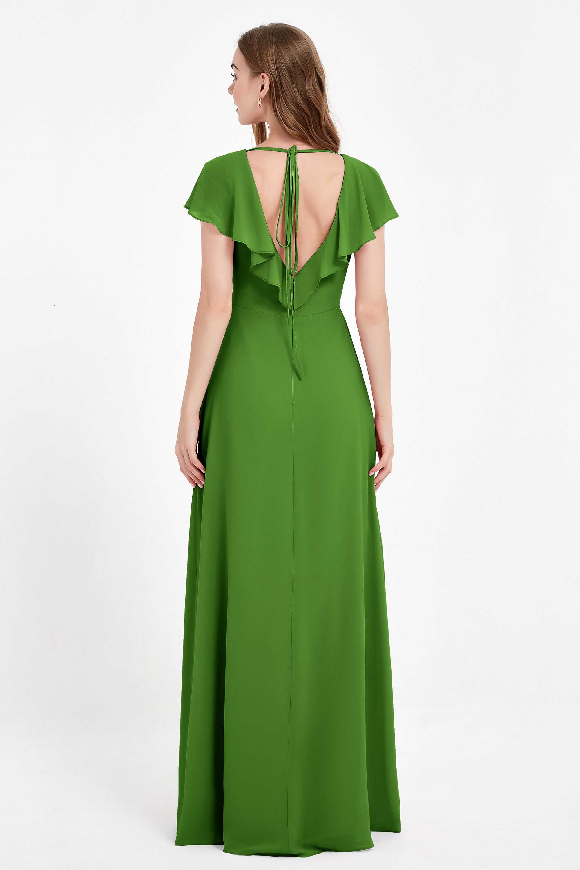 Deep V Neck Chiffon Bridesmaid Dress Flutter Sleeves Formal Evening Dresses Gowns with Slit