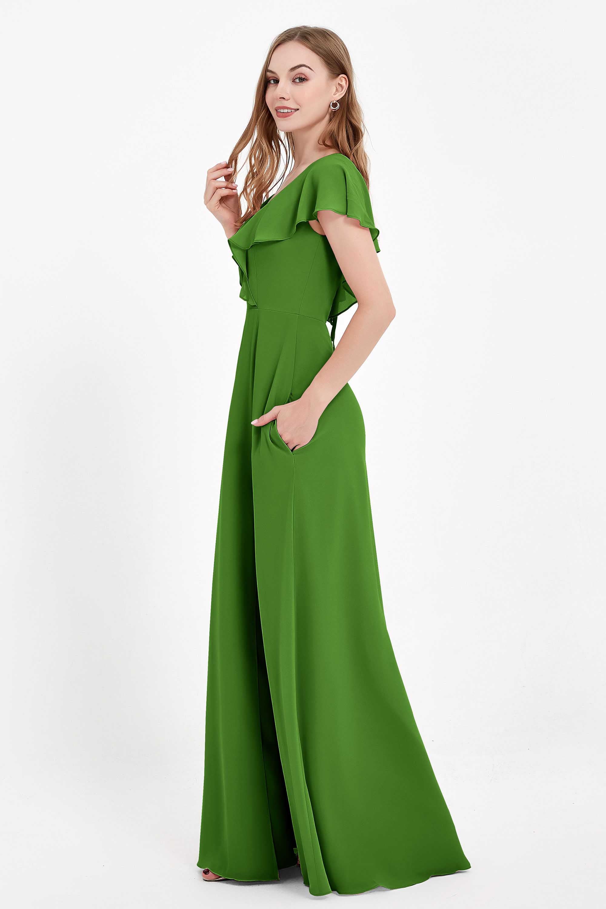 Deep V Neck Chiffon Bridesmaid Dress Flutter Sleeves Formal Evening Dresses Gowns with Slit