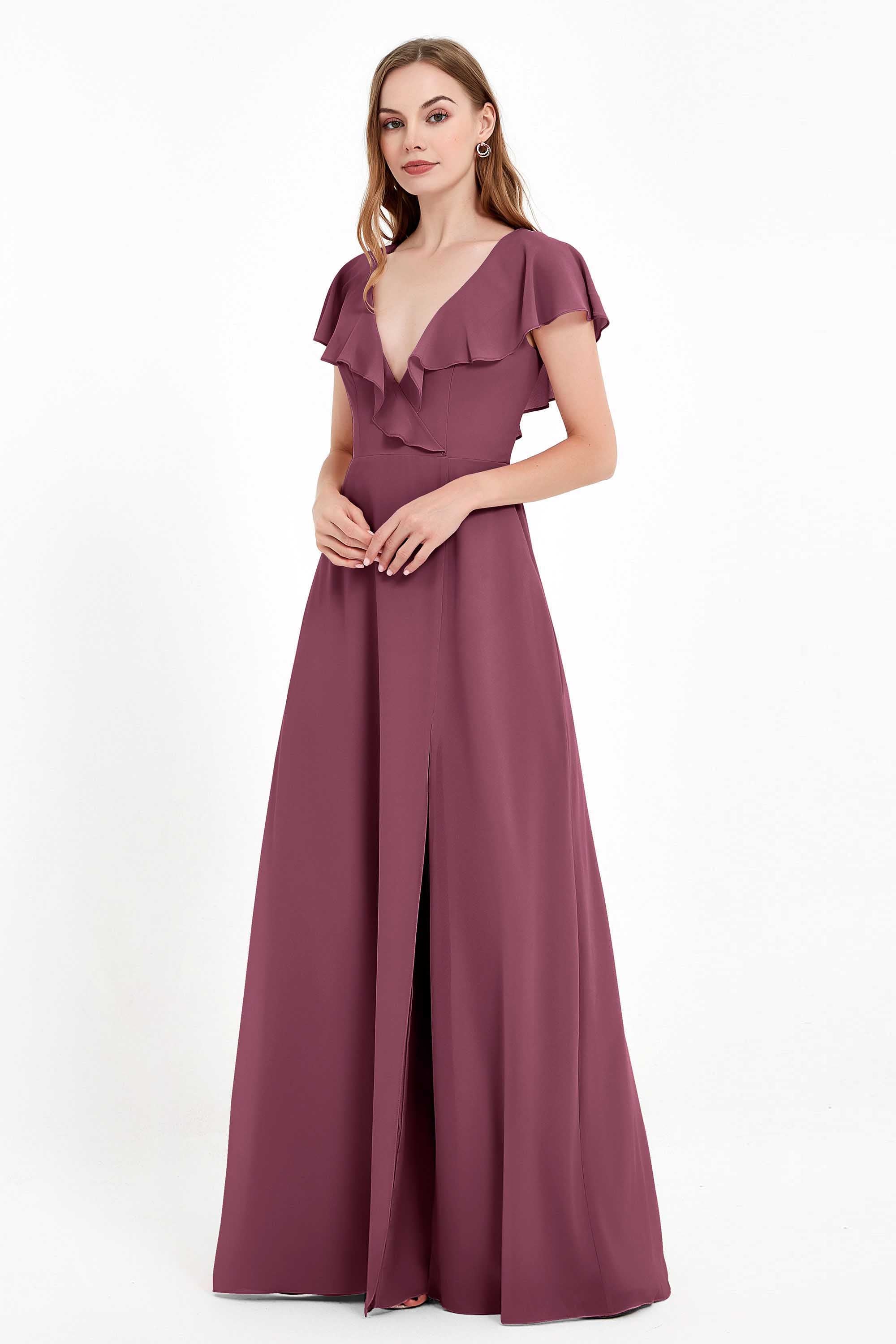 Deep V Neck Chiffon Bridesmaid Dress Flutter Sleeves Formal Evening Dresses Gowns with Slit