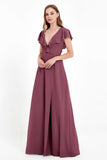 Deep V Neck Chiffon Bridesmaid Dress Flutter Sleeves Formal Evening Dresses Gowns with Slit